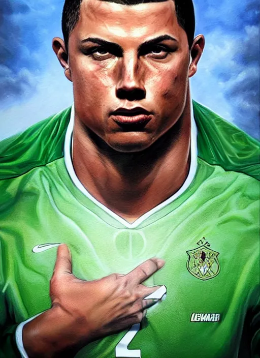 Image similar to portrait of ronaldo nazario, wearing green soccer clothes, very detailed eyes, hyperrealistic, very detailed painting by glenn fabry, by joao ruas, by artgerm