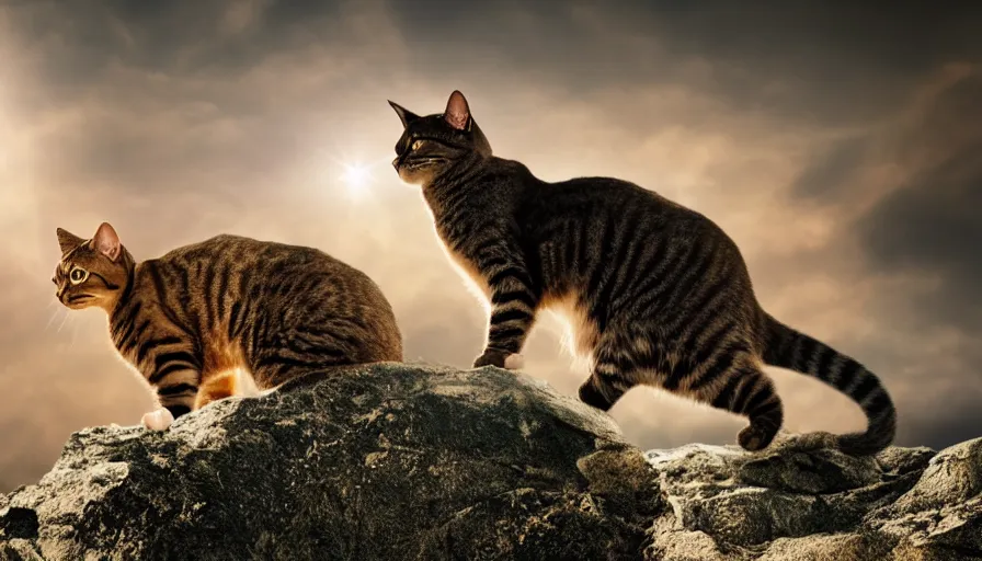 Prompt: a cat standing on the peak of a mountain, looking up, realistic, epic lighting, epic composition, 4 k