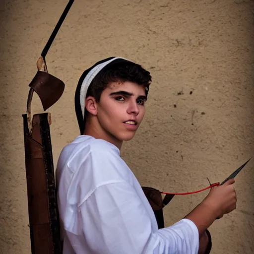 Image similar to a handsome Mediterranean 17 year old man in Biblical clothes holding a slingshot, DSLR photography