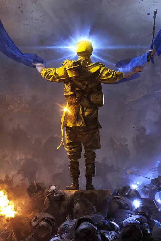 Prompt: Cinematic shot from behind of a Ukrainian soldier with blue and yellow flag in his right hand while he is standing on a huge pile of skulls in triumph after the battle war, head is up, bright rays of light, beams of light, intricate, volumetric lighting, highly detailed, smooth, artstation, digital illustration by Ruan Jia and Mandy Jurgens and Artgerm and Wayne Barlowe and Greg Rutkowski and Frank Frazetta