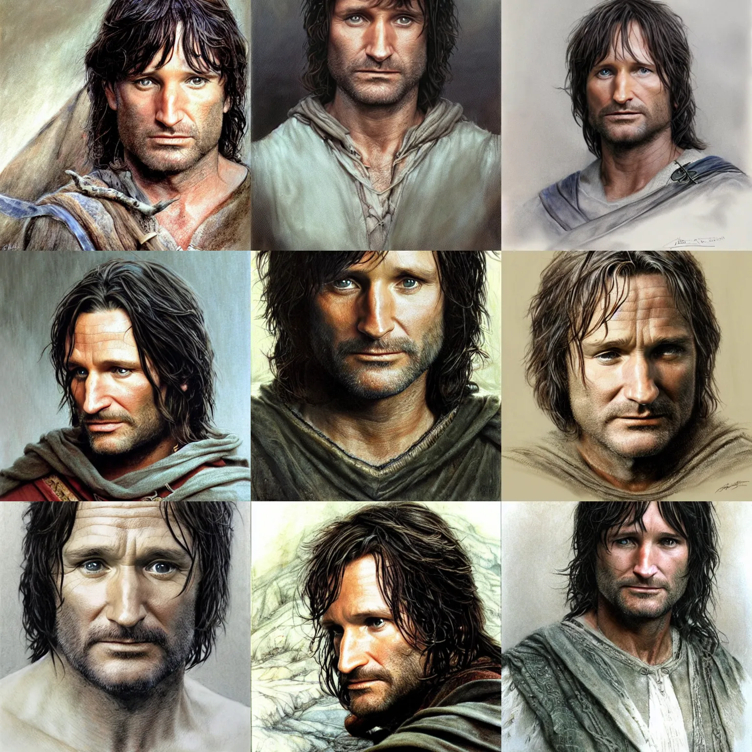 Prompt: Robin Williams as Aragorn by Alan Lee, concept art, detailed clothing, art station, oil painting