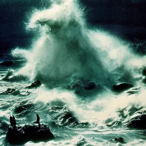 Image similar to 1 9 7 0's artistic italian western film in color, a woman in a giant billowy wide flowing waving dress made out of ocean waves and sea foam, standing inside a green mossy irish rocky scenic landscape, huge crashing waves and sea foam, volumetric lighting, backlit, moody, atmospheric