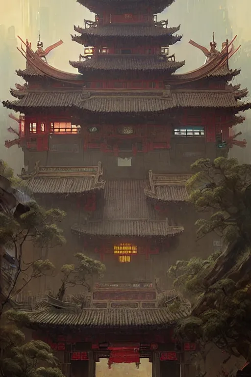 Prompt: cyberpunk Chinese ancient castle, fantasy, painting by greg rutkowski and alphonse mucha