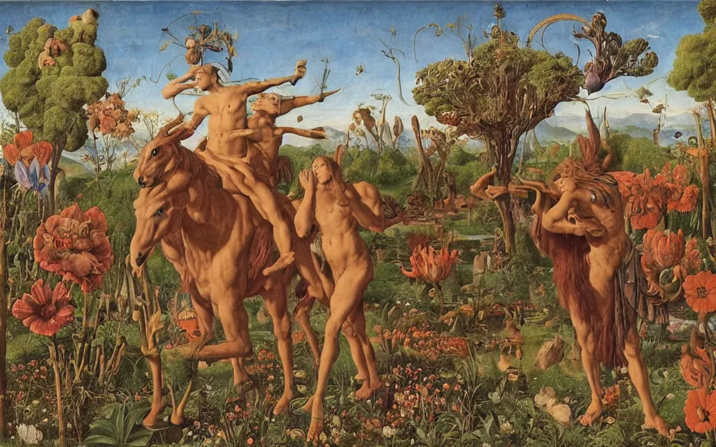 Image similar to a portrait photograph of a meditating satyr and a centaur monk riding a rocket machine and hunting at a river delta. surrounded by bulbous flowers and trees. mountain range under a blue sky of fiery stars. by jan van eyck, max ernst, ernst haeckel, ernst fuchs and artgerm, cgsociety, fashion editorial, 8 k