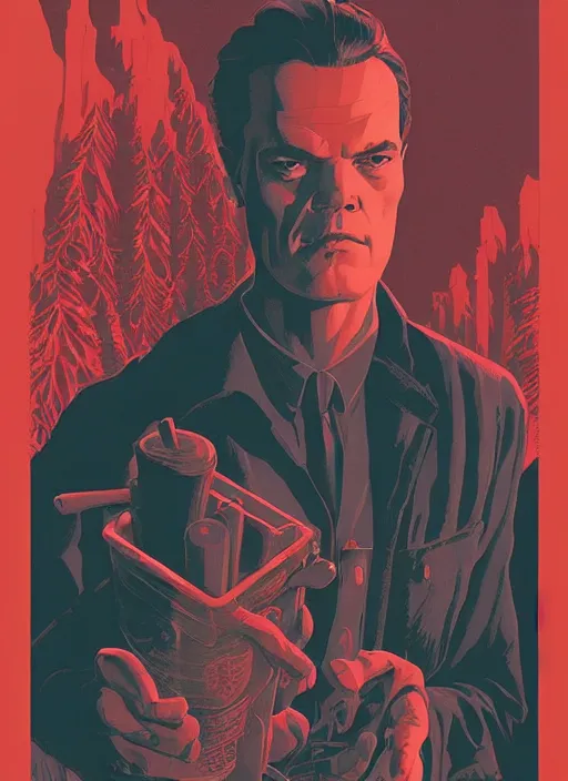 Image similar to Twin Peaks poster artwork by Michael Whelan and Tomer Hanuka, Karol Bak of portrait of Michael Shannon!! the local mechanic clerk discovering aliens, from Twin Peaks, clean, simple illustration, nostalgic, domestic, full of details