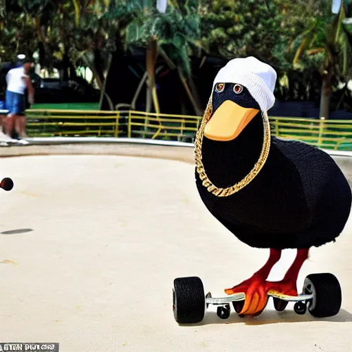 Image similar to a dodo wearing a gold chain around its neck and baseball cap, on a hovering skateboard without wheels, at a skate park near the beach, Saturday Morning cartoon