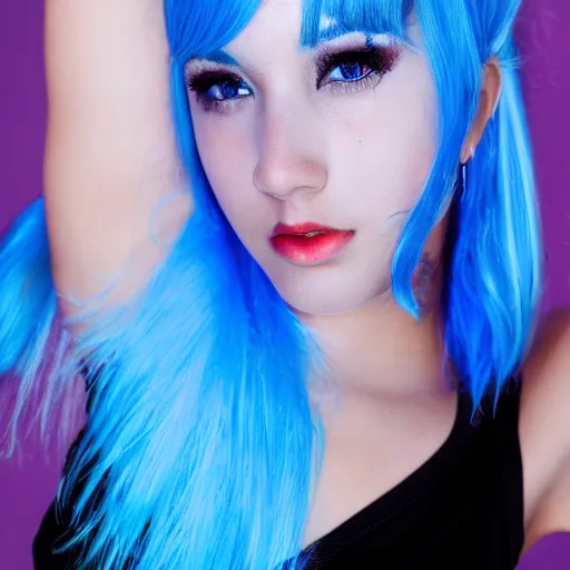 Prompt: hd photo of a pretty girl with blue hair, dance, trending on artstation
