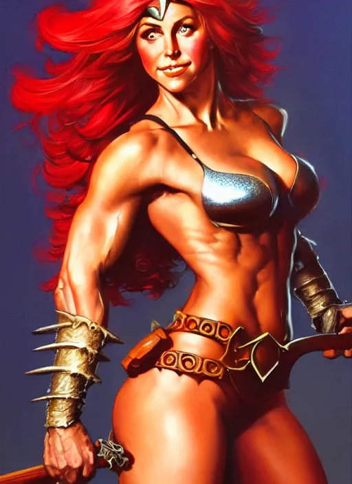 Image similar to a stunning medium shot portrait of julianne hough as a red sonja, digital art by frank frazetta and boris vallejo and julie bell and moebius, highly detailed, trending on artstation, hq