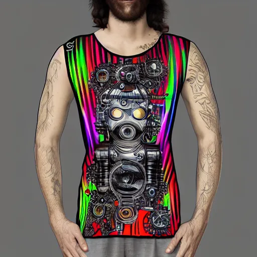 Image similar to mockup of a black tshirt with a hyperdetailed portrait of a steampunk robot by hajime sorayama, 8 k, symetrical, flourescent colors, happy trippy mood, multicolored,