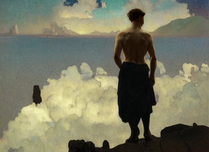 Image similar to dark silhuette of a man standing on a gray dull cliff looking out into a colorful cosmos, art by john collier and albert aublet and krenz cushart and artem demura and alphonse mucha