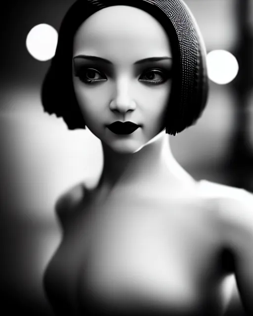 Image similar to black and white dreamy young beautiful female artificial intelligence, metropolis, cinematic, rim light, bokeh, photo - realistic, elegant, high detail, 8 k, masterpiece, photo taken in 1 9 3 0