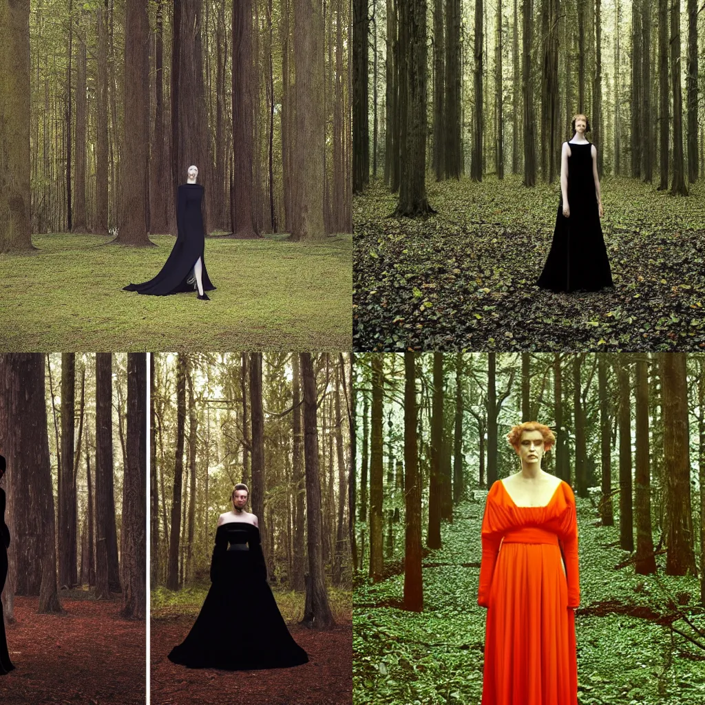 Prompt: photo portrait of a beautiful woman wearing a black gown in a bright forest, by Vanessa Beecroft