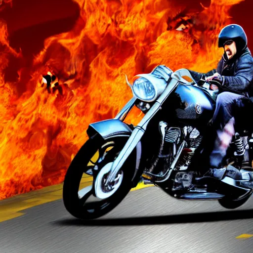 Prompt: Keanu reeves Riding a motorcycle Through Fire digital art 4K detail