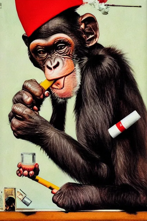 Image similar to a chimp in a clown suit smoking a cigarette, painted by Norman Rockwell