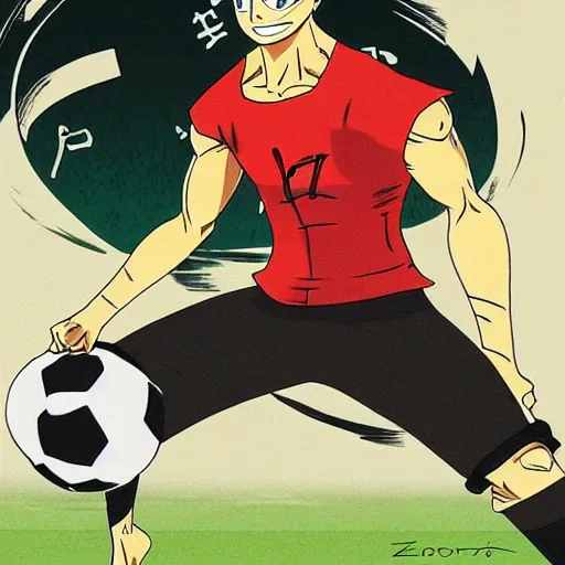 Prompt: Zoro from one piece created by eichiro oda , Playing football with Cristiano Ronaldo Manchester United shirt and futuristic ball , higly detailed , manga