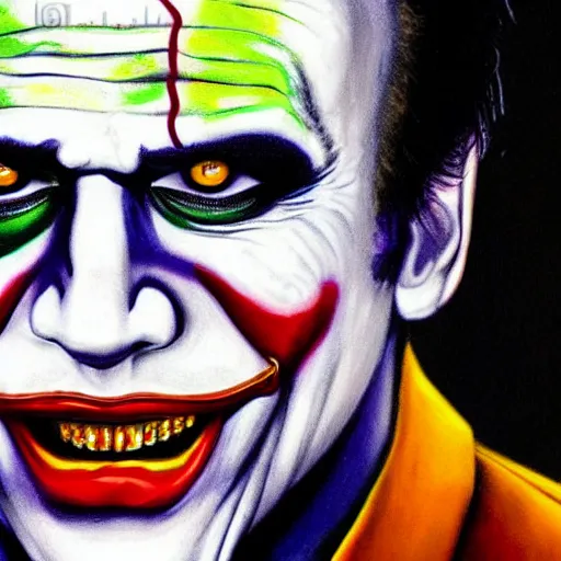 Prompt: nic cage as the joker, buff, painted portrait, highly detailed,