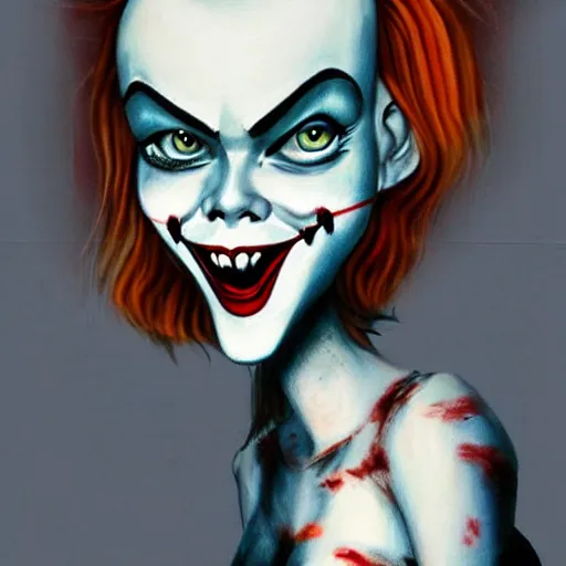 Image similar to grunge cartoon painting of margot robbie with a wide smile and a red balloon by chris leib, loony toons style, pennywise style, corpse bride style, horror theme, detailed, elegant, intricate