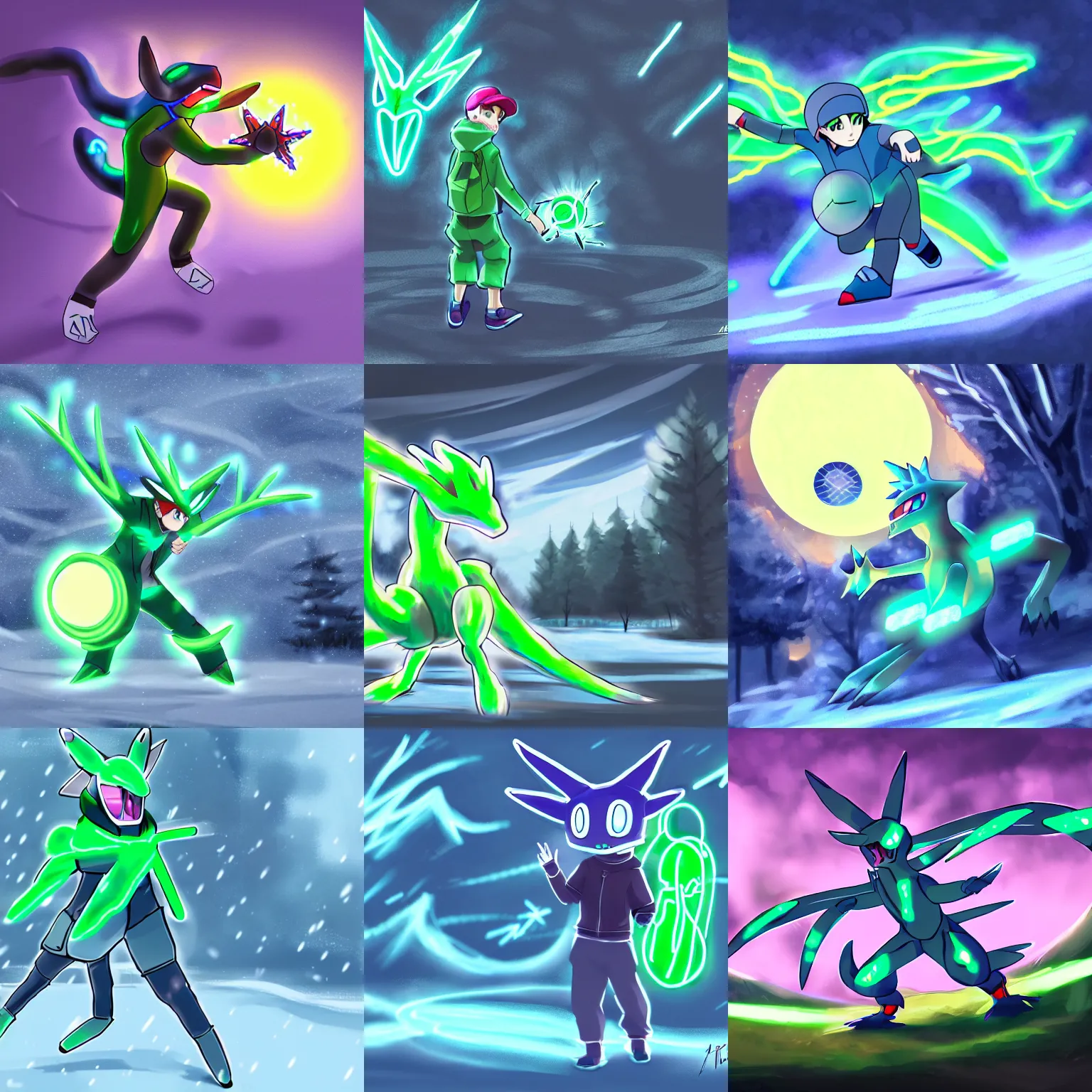 Prompt: a boy in winter clothing, trying to catch a neon green dialga with a masterball, concept art, digital art, detailed, anime, pokemon, 8 k hd