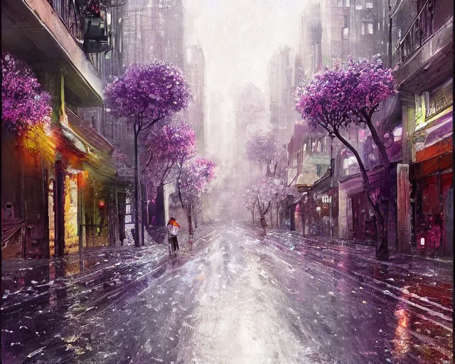 Prompt: a city street under rain of flowers artstation