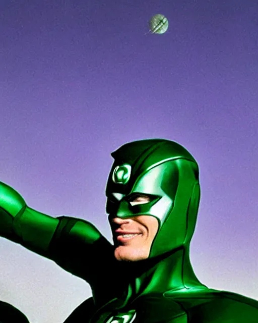 Image similar to photograph of actor Christoper Reeve dressed as a Green Lantern, lounging by an infinity pool on a mystical Alien planet with voluminous purple clouds, Sunny Day