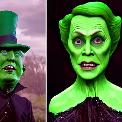 Image similar to wicked witch of the west that looks like trump with green skin, real movie still, photo quality