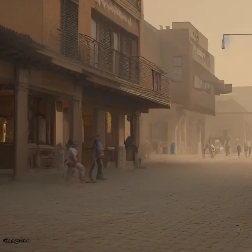 Image similar to sandstorm in a little town, realistic, 8 k, extremely detailed, cgi, trending on artstation, hyper - realistic render, by greg rutkowski