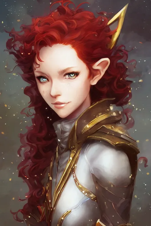 Image similar to A beautiful anime portrait of a curly haired redhead female elf, rpg ranger outfit, elven bow, by Stanley Artgerm Lau, WLOP, Rossdraws, James Jean, Andrei Riabovitchev, Marc Simonetti, and Sakimichan, tranding on artstation