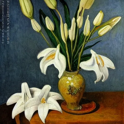 Prompt: white lilies in vase on table, natural lighting, painting by vincent van gough