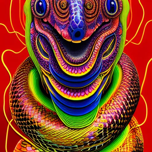Prompt: an extremely psychedelic portrait of a snake, surreal, lsd, face, detailed, intricate, elegant, lithe, highly detailed, digital painting, artstation, concept art, smooth, sharp focus, illustration