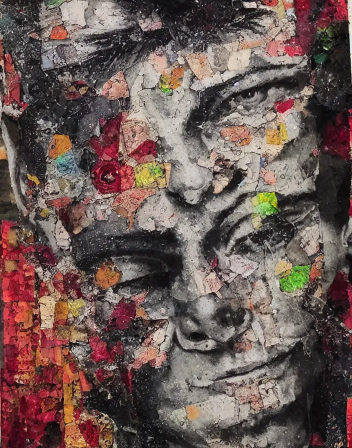 Prompt: double coloured boy in law detailed analogue mixed media collage with canvas texture in style of contemporary art, punk art, hyperrealistic beautiful face, photorealistic, expressionism, masterpiece, perfect composition, spectacular quality torn paper, intricate oil details, broken glass