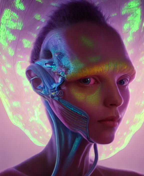 Image similar to intricate fluorescent portrait of a disturbing beautiful alien insect creature, mottling coloring, adorable, childlike, medical equipment hospital environment, ultra realistic, concept art, art nouveau, photorealistic, octane render, 8 k, unreal engine. art by christopher marley and artgerm and greg rutkowski and alphonse mucha