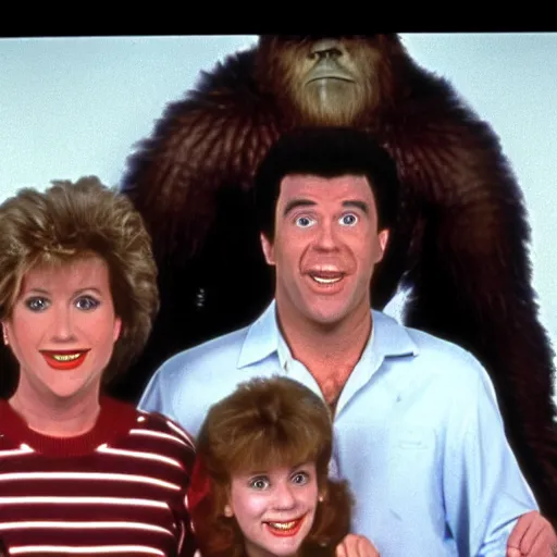 Prompt: a freeze frame from an 80's sitcom about an American family that lives with bigfoot.