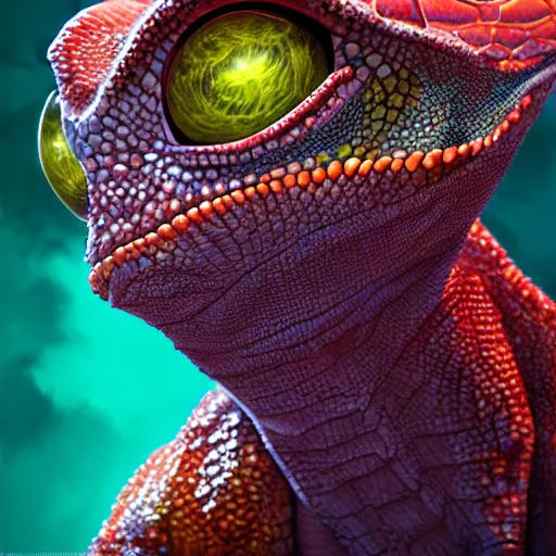 Image similar to close up portrait of a young chameleon lizard man as a wizard, pixar style, stylized face, intricate detail, digital painting, glowing orange eyes, neon colors, whimsical, particles floating, background by wlop, artwork by ross tran and ramond swanland and liam wong and mike winklemann, trending on artstation