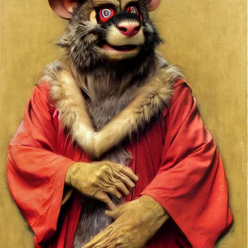 Image similar to a portrait of a splinter hamato yoshi wearing a red kimono, hairy, feet, tail. highly detailed painting by gaston bussiere, craig mullins, j. c. leyendecker, furry