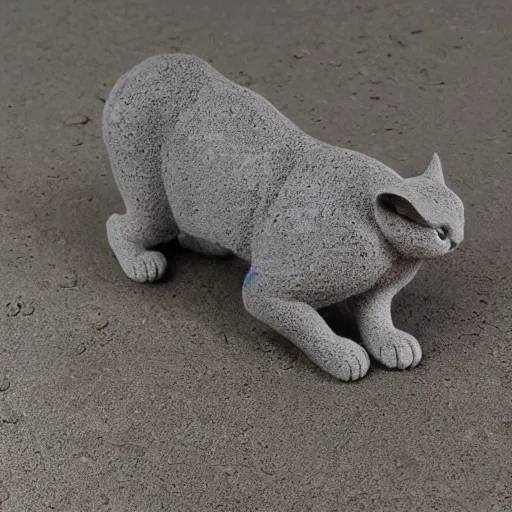 Prompt: medium - shot realistic light grey clay cat, full body, walking, rough, handmade, fingerprints on clay, masterpiece, by adam beane
