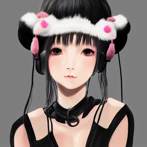 Image similar to realistic beautiful gorgeous natural cute Blackpink Lalisa Manoban black hair cute fur black cat ears, wearing white camisole, headphones, black leather choker artwork drawn full HD 4K highest quality in artstyle by professional artists WLOP, Taejune Kim, Guweiz on Artstation Pixiv