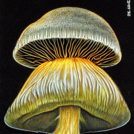 Prompt: beautiful roud mushroom cap - alien, bottom view, luminous lamellae are clearly visible, Giger, black background, hyper realism, epic composition