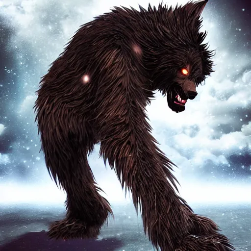 Prompt: man transforming into a werewolf at night, full body, anime style, hyper detailed, 8 k, unreal engine, realistic brown fur, full moon background