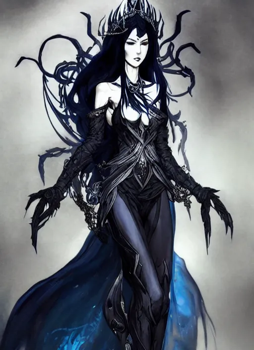 Prompt: Full body portrait of a beautiful elven queen with menacing look with long black hair wearing black and dark blue attire, silver crown. In style of Yoji Shinkawa and Hyung-tae Kim, trending on ArtStation, dark fantasy, great composition, concept art, highly detailed, dynamic pose.