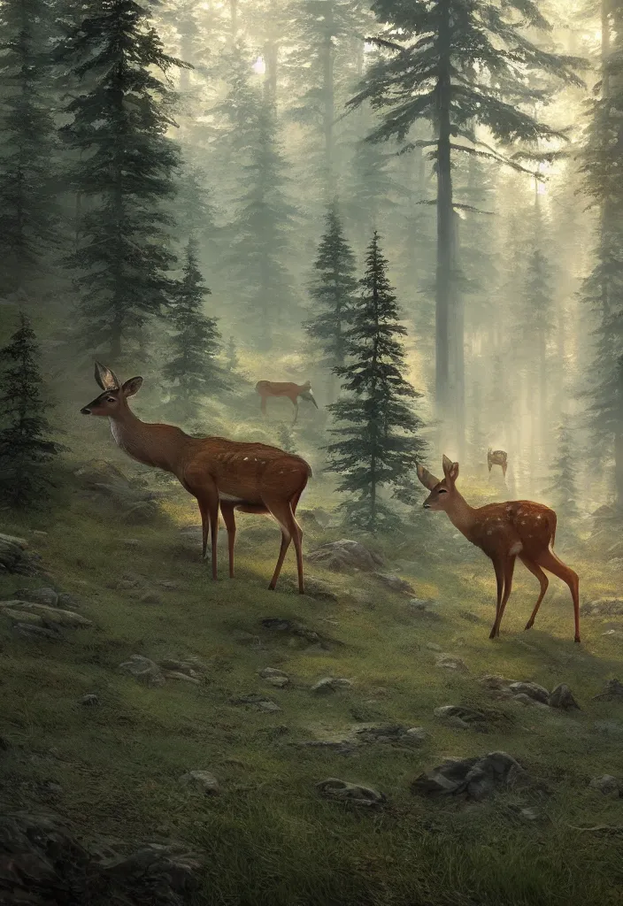 Prompt: deer on the background of a tall spruce forest, painting by Craig Mullins, octane rendering, soft morning lighting, wide angle lens, in the style of Hayao Miyazaki, trending on artstation,