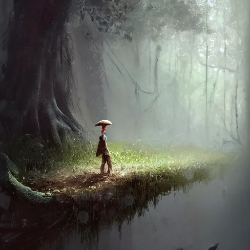 Image similar to a tiny mushroom person with a mushroom for a head walking by a stream in a lush forest, dramatic lighting, illustration by Greg rutkowski, yoji shinkawa, 4k, digital art, concept art, trending on artstation