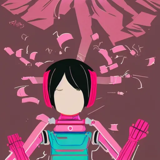 Prompt: a japanese woman battles pink robots, illustrated, detailed
