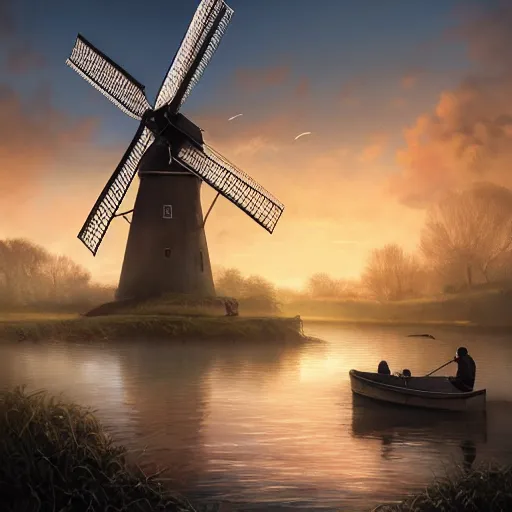 Prompt: dutch man fishing for croissants with a windmill in the background, high detail, elegant, digital painting, cinematic lighting, vibrant, intricate, textured skin, highly detailed, artstation, sharp, focus, hdr, unreal engine 5, breathtaking, illustration, anna dittmann, ilya kuvshinov, nikolay makovsky