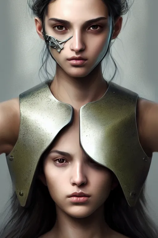 Image similar to a photorealistic character portrait of an attractive young girl, partially clothed in metal-plated battle armor, olive skin, long dark hair, beautiful bone structure, symmetrical face, perfect eyes, intricate, elegant, digital painting, concept art, illustration, sharp focus, minimal artifacts, volumetric lighting, from Metal Gear, in the style of Ruan Jia and Mandy Jurgens and Greg Rutkowski, trending on Artstation, award winning