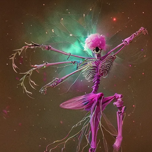 Image similar to the skeleton of a fairy ribbon dancing on a spikey vine, the ribbon is colored like a nebula, ultra realistic, concept art, intricate details, highly detailed, photorealistic, octane render, 8 k, art by greg rutkowski