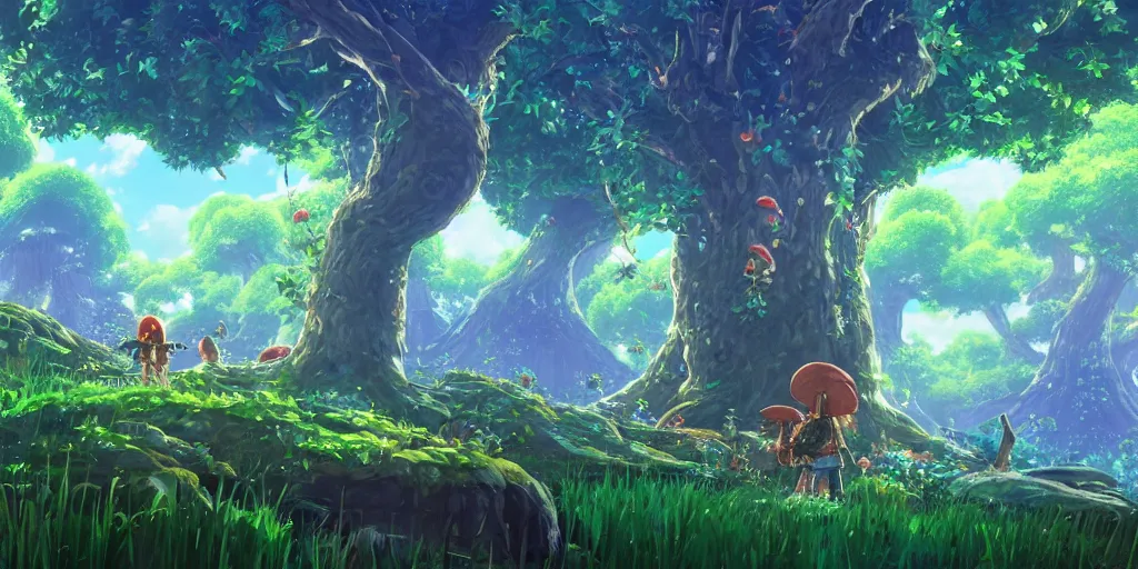 Image similar to epic mushroom trees, vivid tones, wide angle, by miyazaki, nausicaa, studio ghibli, tropical, breath of the wild