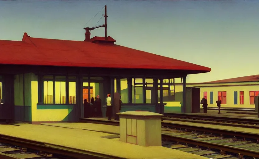 Image similar to Train station, Edward Hopper and James Gilleard, Zdzislaw Beksinski, Mark Ryden, Wolfgang Lettl highly detailed