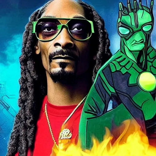 Prompt: Snoop Dogg starring as a futuristic Marvel Super Hero holding green fire for a 2022 Marvel Movie poster, epic