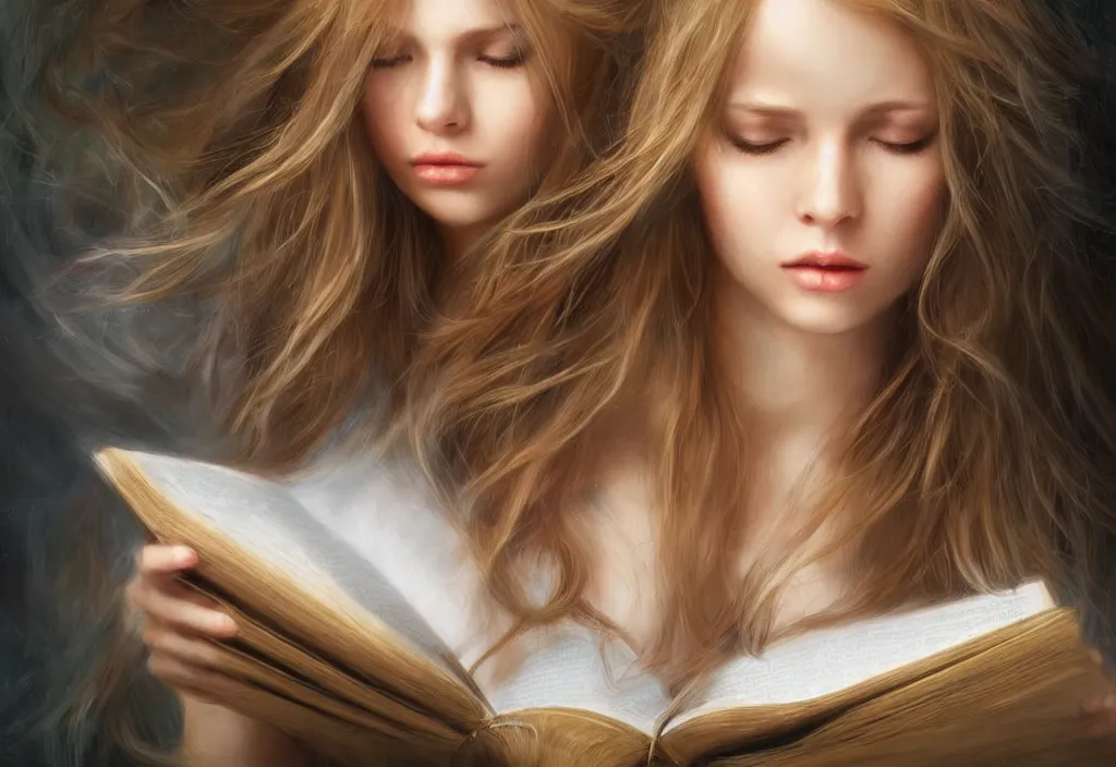 Image similar to a girl reading a book, hair flowing down, 8 k, hyperrealistic, hyperdetailed, fantasy portrait by laura sava, singular woman