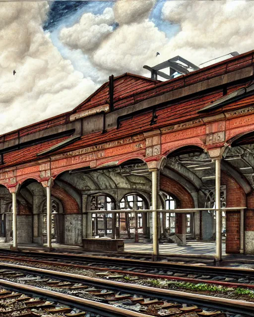 Prompt: a beautiful detailed painting of urbex nature architecture unfinished building industrial architecture railway station by stanley spencer, san andreas, archdaily, wallpaper, highly detailed, trending on artstation.